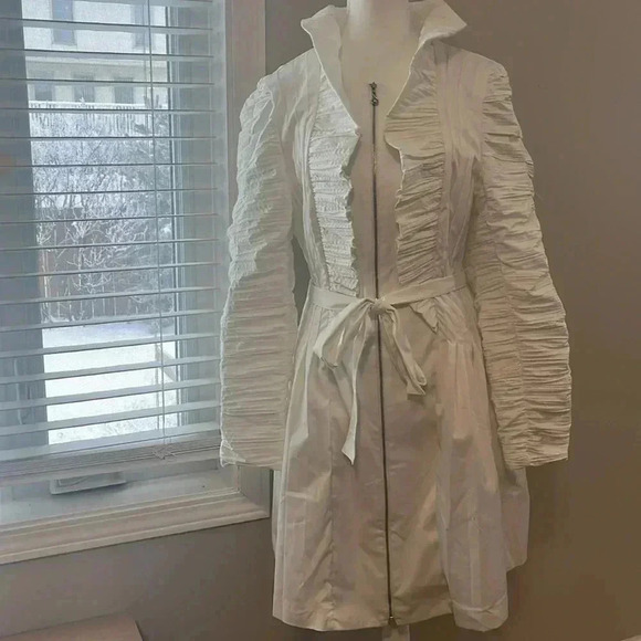 [M]Samuel Dong White Bubble Sleeves  Belted Dress Trench Coat - Picture 1 of 11